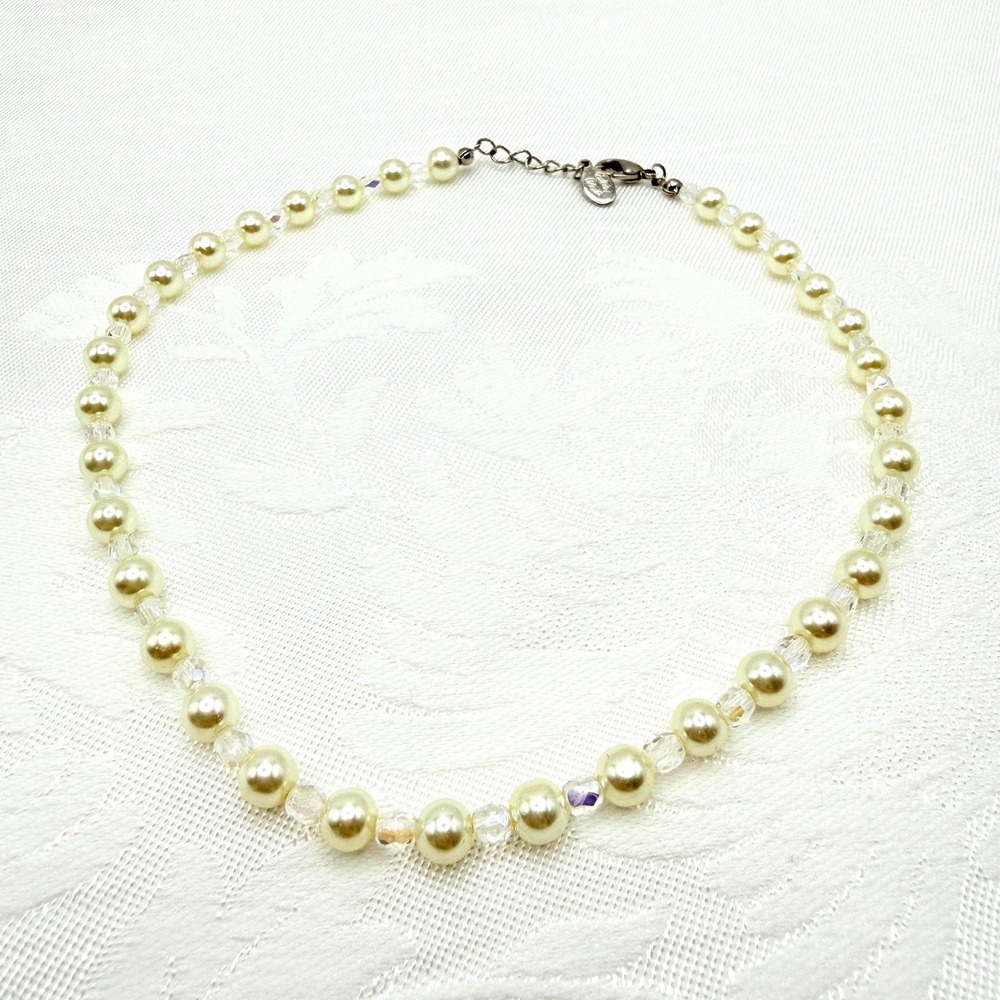 Vintage Cookie Lee 14" Faux Pearl and AB Rhinestone Choker Small Necklace